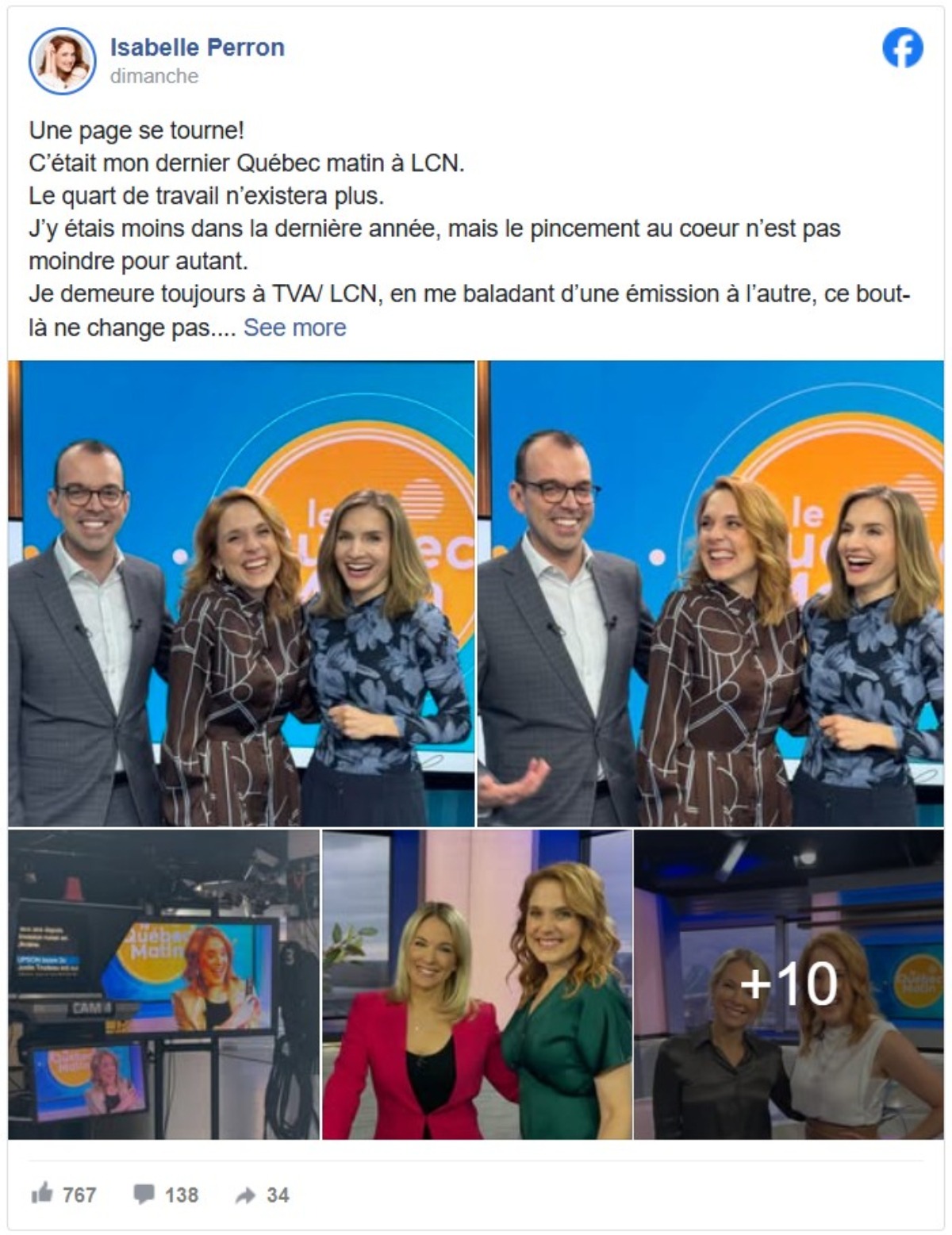 Isabelle Perron message d&eacute;part